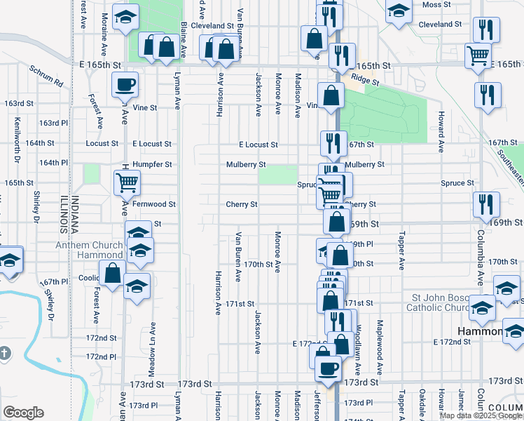map of restaurants, bars, coffee shops, grocery stores, and more near 620 Cherry Street in Hammond
