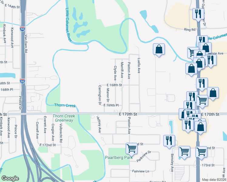 map of restaurants, bars, coffee shops, grocery stores, and more near 16821 Manor Drive in South Holland