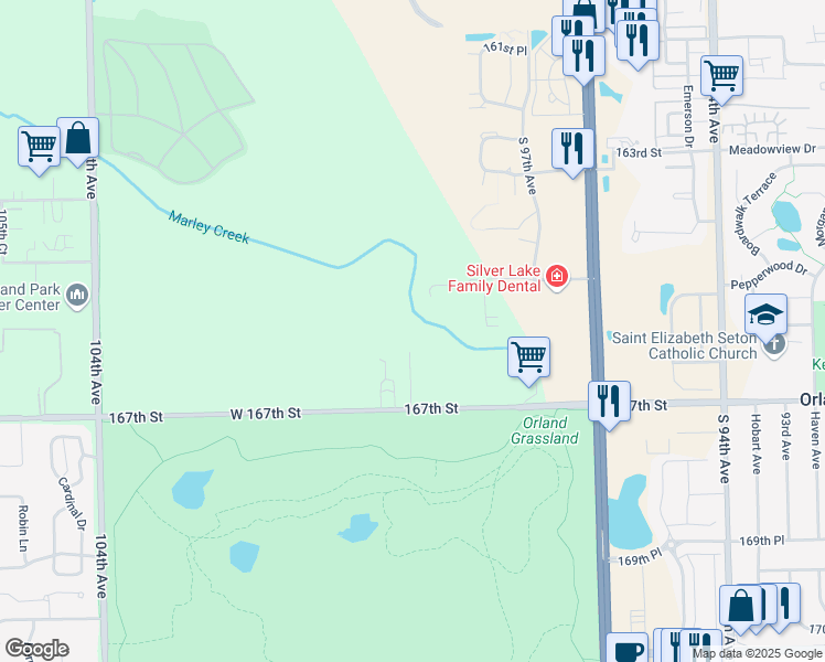 map of restaurants, bars, coffee shops, grocery stores, and more near 9800 Liberty Circle in Orland Park