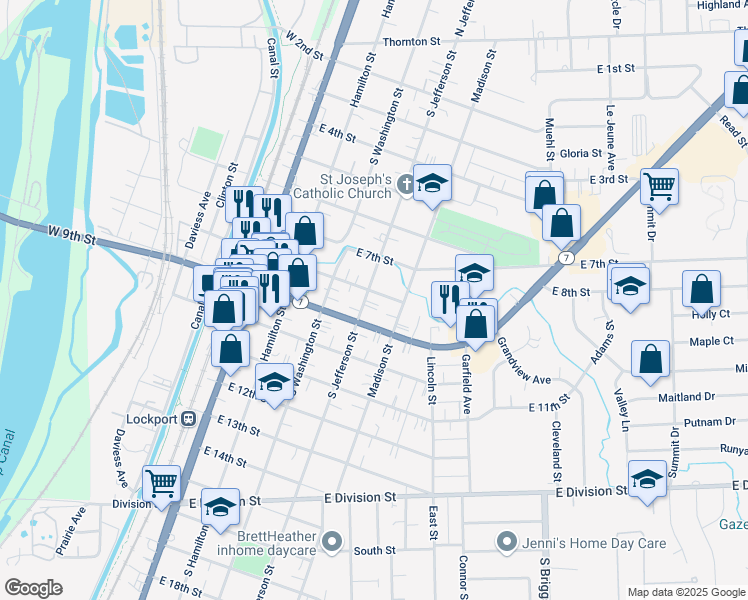 map of restaurants, bars, coffee shops, grocery stores, and more near 813 South Jefferson Street in Lockport