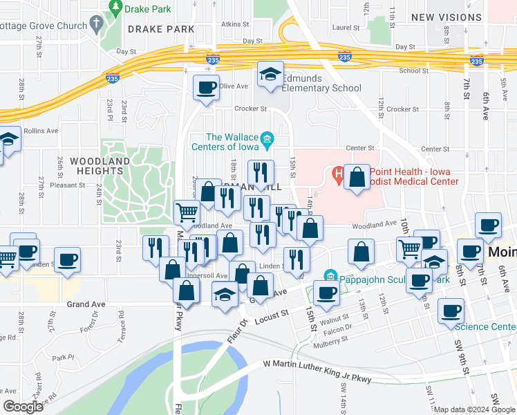 map of restaurants, bars, coffee shops, grocery stores, and more near 662 17th Street in Des Moines