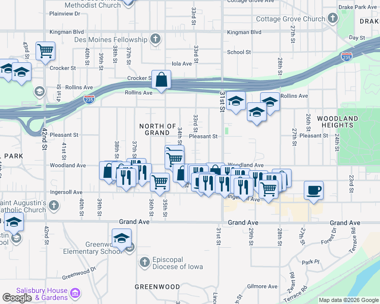 map of restaurants, bars, coffee shops, grocery stores, and more near 665 33rd Street in Des Moines