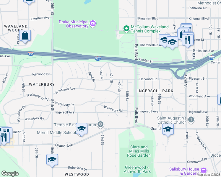 map of restaurants, bars, coffee shops, grocery stores, and more near 4933 Woodland Avenue in Des Moines