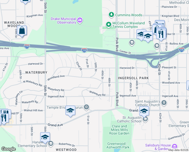 map of restaurants, bars, coffee shops, grocery stores, and more near 4933 Woodland Avenue in Des Moines