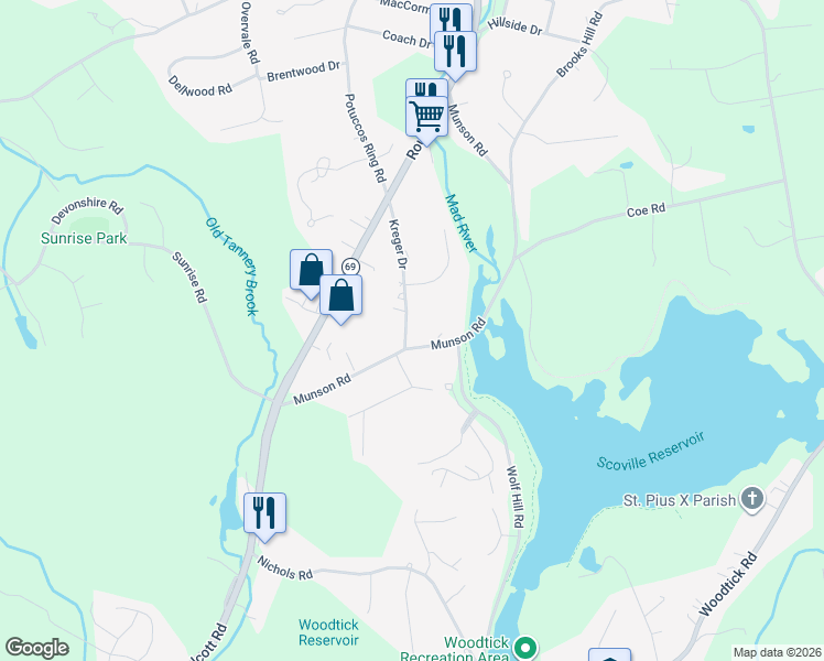 map of restaurants, bars, coffee shops, grocery stores, and more near 75 Kreger Drive in Wolcott