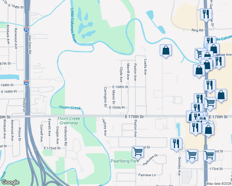 map of restaurants, bars, coffee shops, grocery stores, and more near 16821 Manor Drive in South Holland
