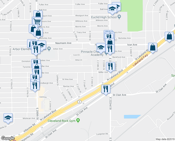 map of restaurants, bars, coffee shops, grocery stores, and more near 21481 Miller Avenue in Euclid