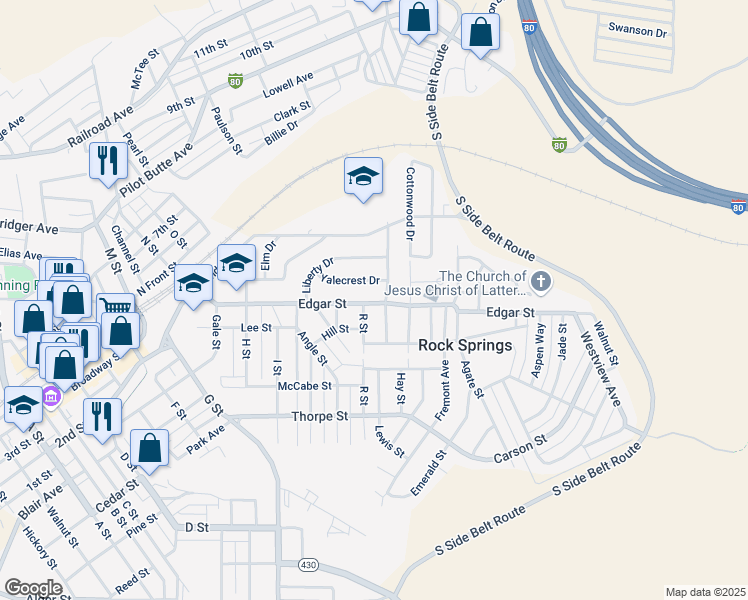 map of restaurants, bars, coffee shops, grocery stores, and more near 1405 Edgar Street in Rock Springs