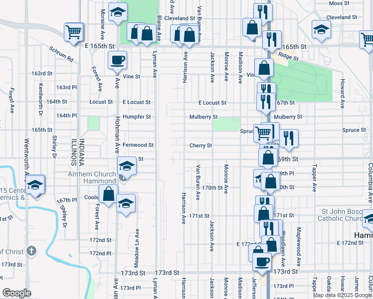 map of restaurants, bars, coffee shops, grocery stores, and more near 506 Cherry Street in Hammond