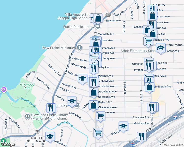 map of restaurants, bars, coffee shops, grocery stores, and more near 18424 Windward Road in Cleveland