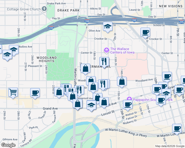 map of restaurants, bars, coffee shops, grocery stores, and more near 1821 Woodland Avenue in Des Moines