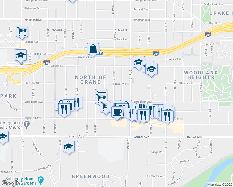 map of restaurants, bars, coffee shops, grocery stores, and more near 665 33rd St in Des Moines