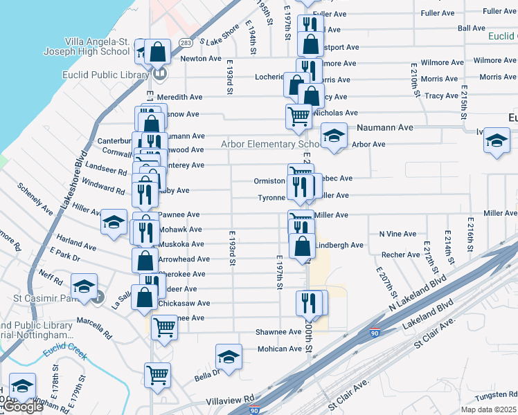 map of restaurants, bars, coffee shops, grocery stores, and more near 19505 Pawnee Avenue in Cleveland