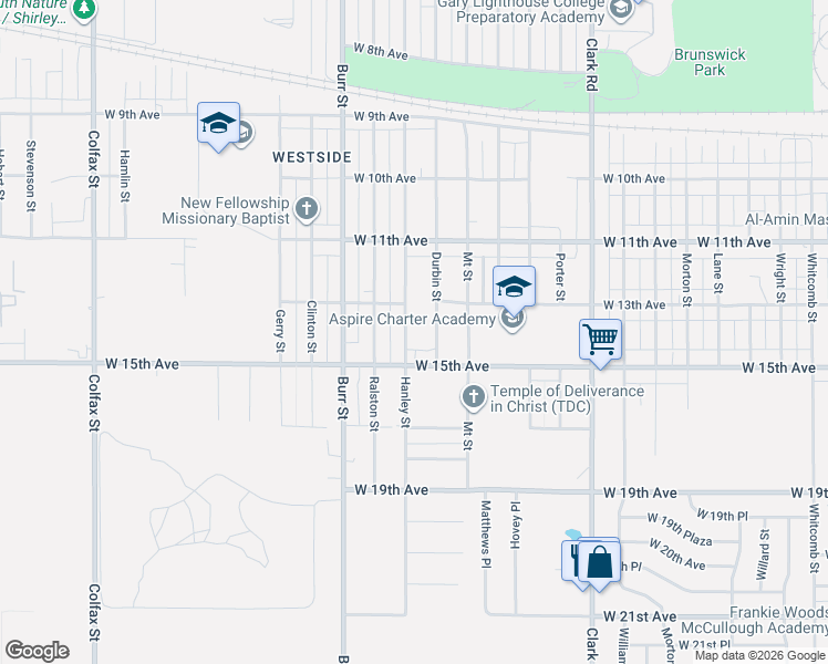 map of restaurants, bars, coffee shops, grocery stores, and more near 1333 Hanley Street in Gary