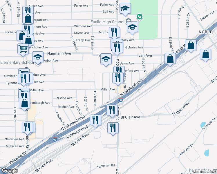 map of restaurants, bars, coffee shops, grocery stores, and more near 21951 Miller Avenue in Euclid