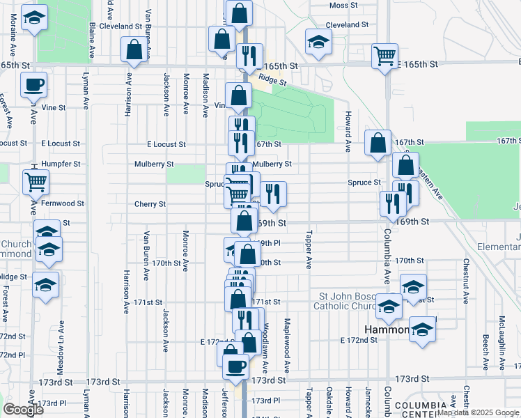 map of restaurants, bars, coffee shops, grocery stores, and more near 6831 Calumet Avenue in Hammond