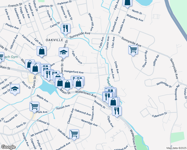 map of restaurants, bars, coffee shops, grocery stores, and more near 148 Hungerford Avenue in Watertown