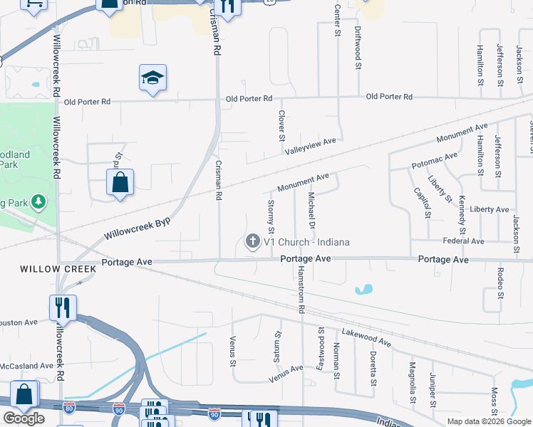 map of restaurants, bars, coffee shops, grocery stores, and more near 2180 Stormy Street in Portage