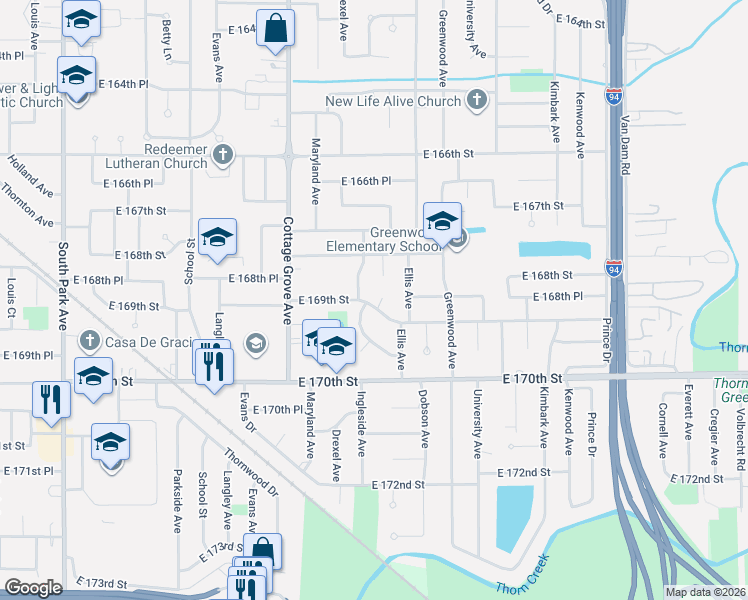 map of restaurants, bars, coffee shops, grocery stores, and more near 928 East 169th Court in South Holland