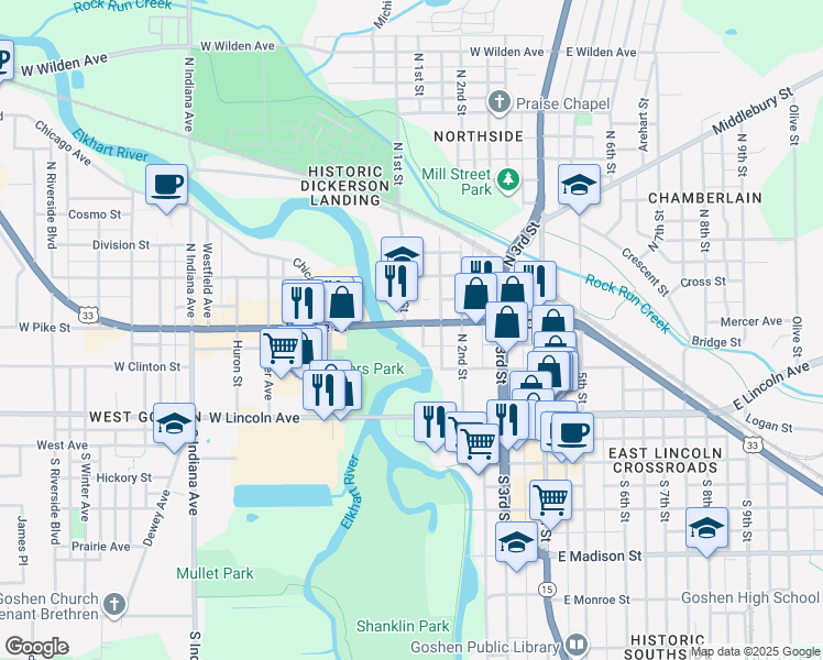 map of restaurants, bars, coffee shops, grocery stores, and more near 410 West Pike Street in Goshen