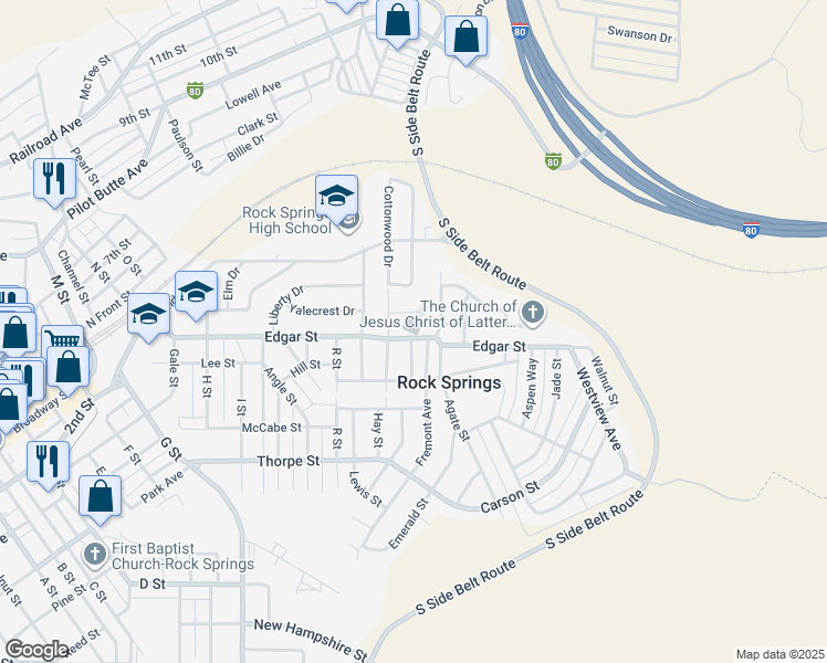 map of restaurants, bars, coffee shops, grocery stores, and more near 1535 Edgar Street in Rock Springs