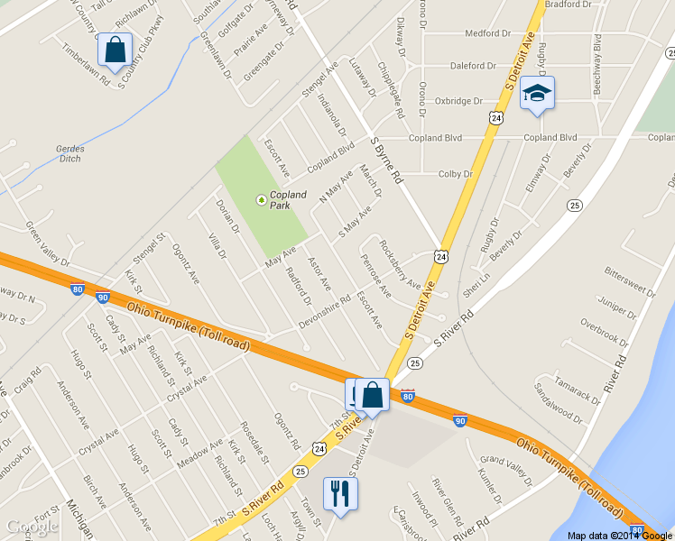 map of restaurants, bars, coffee shops, grocery stores, and more near 3150 Escott Avenue in Toledo
