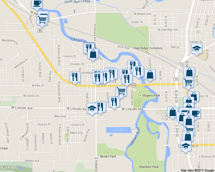 map of restaurants, bars, coffee shops, grocery stores, and more near 299 Huron St in Goshen