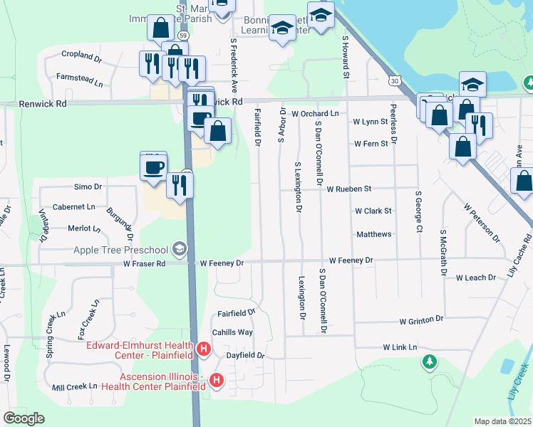 map of restaurants, bars, coffee shops, grocery stores, and more near 16155 Fairfield Drive in Plainfield