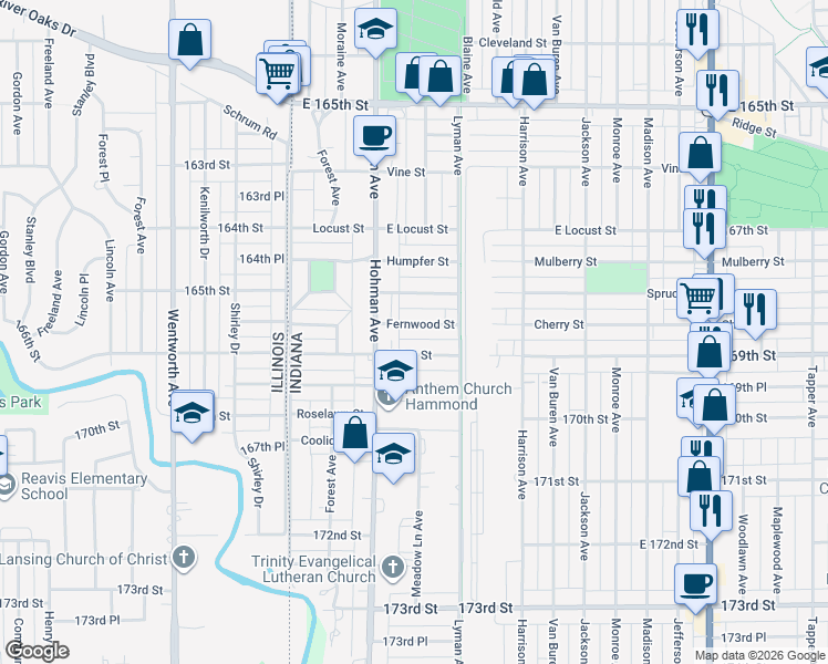 map of restaurants, bars, coffee shops, grocery stores, and more near 232-234 Fernwood Street in Hammond