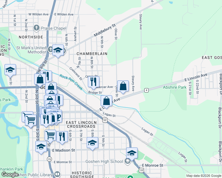 map of restaurants, bars, coffee shops, grocery stores, and more near 614 Mercer Avenue in Goshen