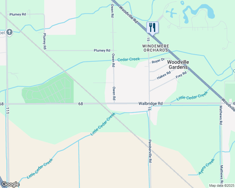 map of restaurants, bars, coffee shops, grocery stores, and more near 1609 Owen Road in Northwood