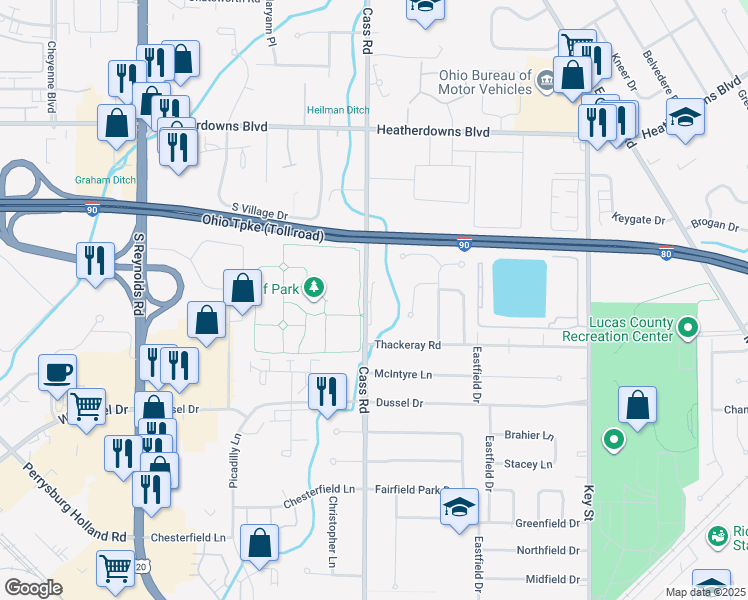 map of restaurants, bars, coffee shops, grocery stores, and more near 2232 Cass Road in Maumee