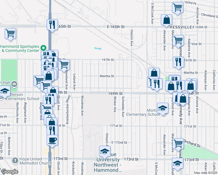 map of restaurants, bars, coffee shops, grocery stores, and more near 6835 Ontario Avenue in Hammond