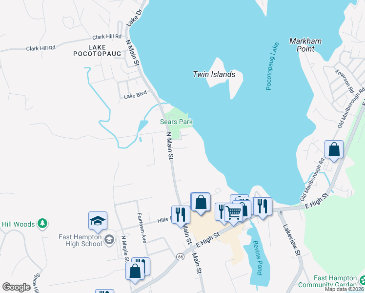 map of restaurants, bars, coffee shops, grocery stores, and more near 5 Sears Place in East Hampton