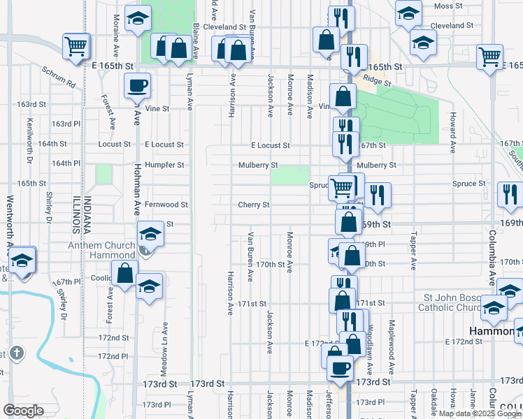 map of restaurants, bars, coffee shops, grocery stores, and more near 542 Cherry Street in Hammond
