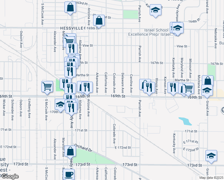 map of restaurants, bars, coffee shops, grocery stores, and more near 6846 Colorado Avenue in Hammond