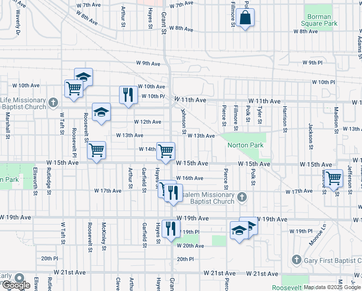 map of restaurants, bars, coffee shops, grocery stores, and more near 1332 Johnson Street in Gary