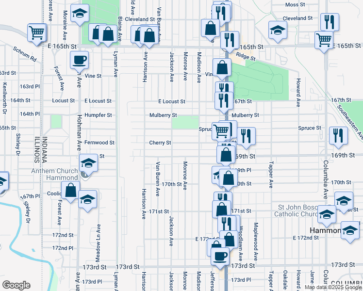 map of restaurants, bars, coffee shops, grocery stores, and more near 620 Cherry Street in Hammond