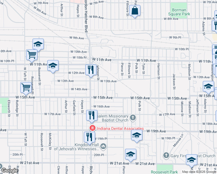 map of restaurants, bars, coffee shops, grocery stores, and more near 1324 Lincoln Street in Gary