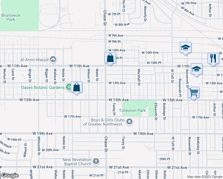 map of restaurants, bars, coffee shops, grocery stores, and more near 1334 Taney Place in Gary