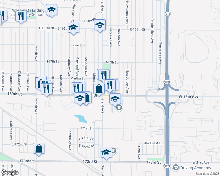 map of restaurants, bars, coffee shops, grocery stores, and more near 6832 Nebraska Avenue in Hammond