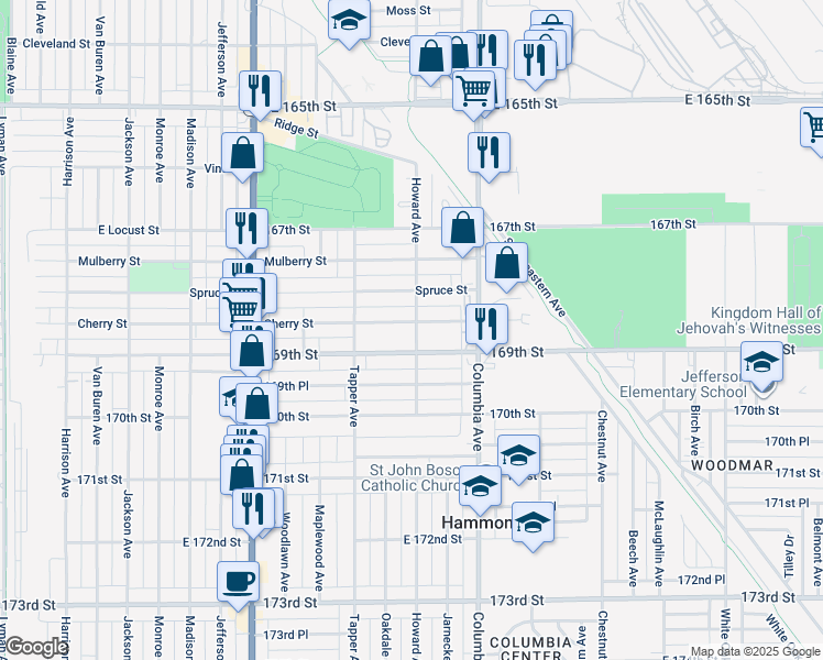 map of restaurants, bars, coffee shops, grocery stores, and more near 1106 Cherry Street in Hammond