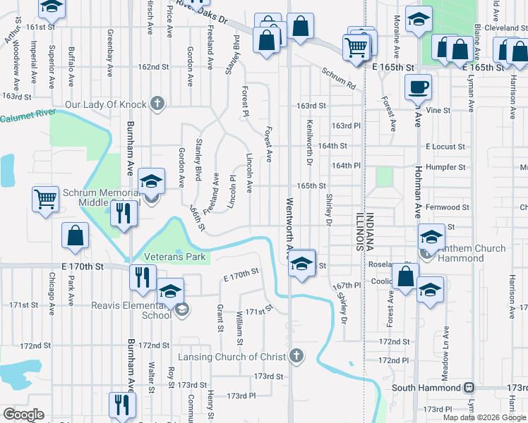 map of restaurants, bars, coffee shops, grocery stores, and more near 1531 Forest Avenue in Calumet City