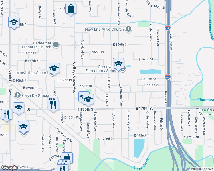 map of restaurants, bars, coffee shops, grocery stores, and more near 16848 Ellis Avenue in South Holland
