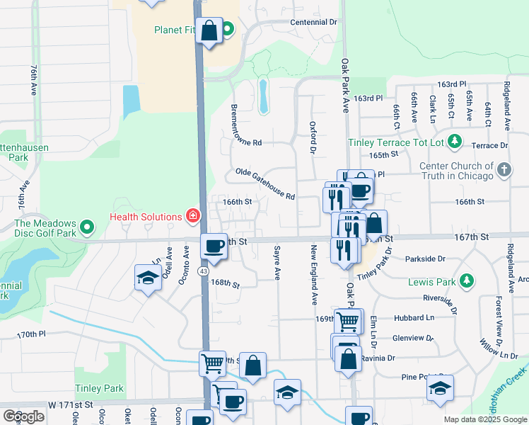 map of restaurants, bars, coffee shops, grocery stores, and more near 7100 Laverne Lane in Tinley Park