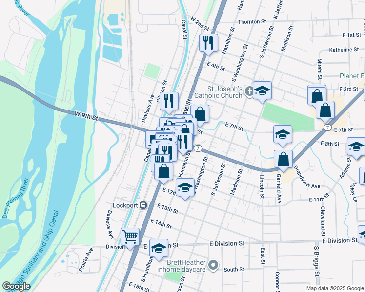 map of restaurants, bars, coffee shops, grocery stores, and more near in Lockport