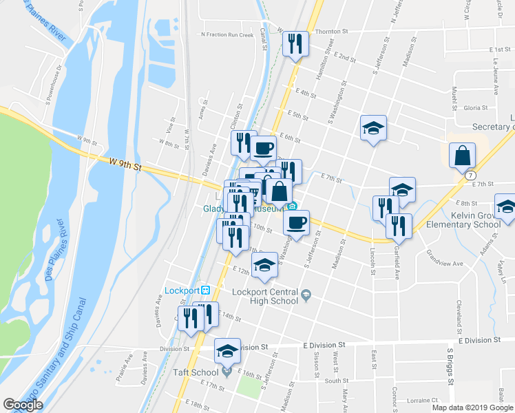 map of restaurants, bars, coffee shops, grocery stores, and more near in Lockport