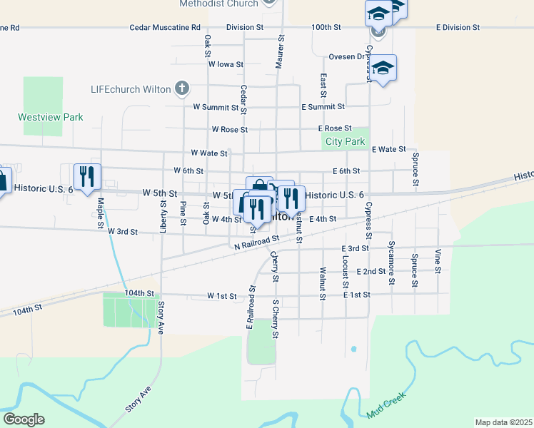 map of restaurants, bars, coffee shops, grocery stores, and more near in Wilton