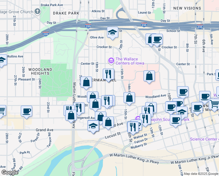 map of restaurants, bars, coffee shops, grocery stores, and more near 660 16th Street in Des Moines
