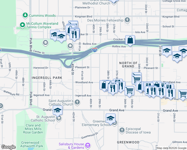 map of restaurants, bars, coffee shops, grocery stores, and more near 667 40th Street in Des Moines